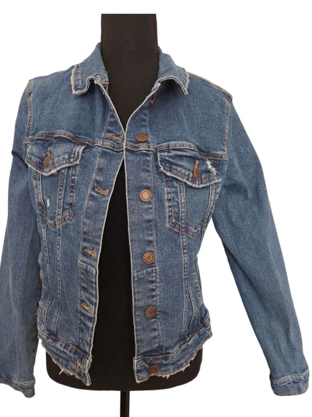 Bershka Women's Distressed Classic Blue Denim Short (20") Jacket - Size M